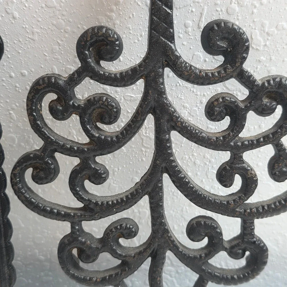 Vintage Cast Iron Trivets 'He Who Helps Shall Eat' Ceramic Tile‎ & Scroll Pair
